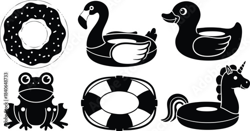 Flat design silhouette icon set of six inflatable pool floats top view including donut swan duck frog lifebuoy unicorn arranged in row simple monochrome minimalist vector