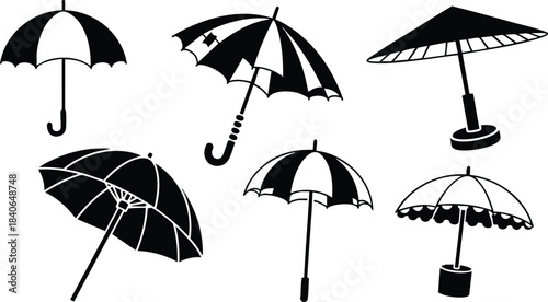 Flat design black umbrella and parasol silhouettes in varied angles including tilted side view top view and beach parasol on white background clean minimal icon set