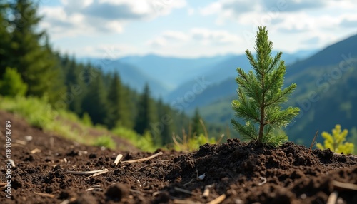 Small evergreen tree sapling planted in soil on mountain slope. Young pine grows in dirt on hillside with forest and mountains in background. Green leaves and brown soil in sunny day.