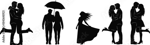 Romantic couple, kissing pose, dancing woman, silhouette illustration, love gesture, emotional moment, black vector, relationship icon, expressive art, passion