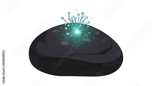 Glowing magical plant growing from a dark stone isolated on transparent background