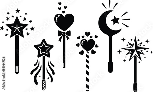 Flat design close up black wand icons set five magical wands with star moon heart tips sparkling silhouettes for craft party decor mystical playful vector illustration