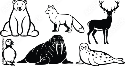 Line art set of arctic animal silhouettes including sitting bear looking forward arctic fox side view standing deer walrus seal puffin isolated icons black white minimal