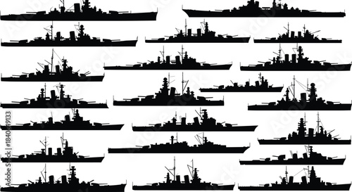 Warship silhouette, naval vessel, military ship, black vector, battleship icon, destroyer shape, cruiser profile, maritime defense, fleet illustration