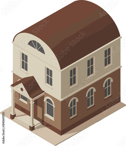 Isometric 3D illustration of a classic two story house with arched windows, red roof, and detailed architectural design