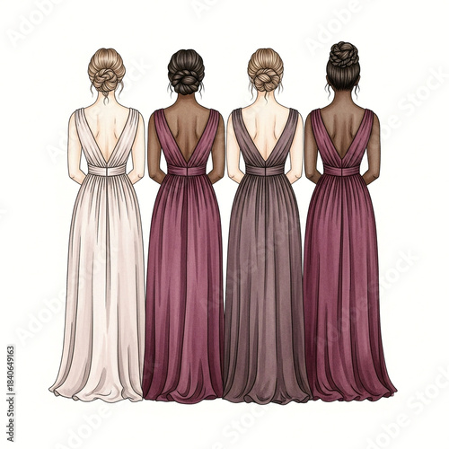 Four women, viewed from the back, showcasing formal dresses and elegant updo hairstyles.