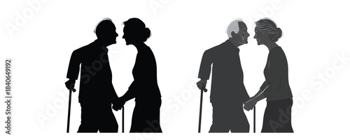 Silhouettes of Elderly Couple Holding Hands with Walking Stick, Geriatric Care Symbol