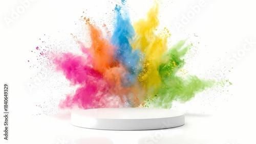 Vibrant Holi Color Powder Explosion Background with White Pedestal for Product Display