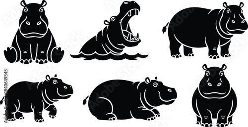 Silhouette vector close up of six hippo icons in various poses facing forward and profile simple black shapes on white background minimal flat style animal mascot