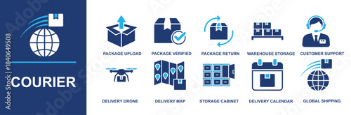 Courier icon set. Containing package upload, package verified, package return, warehouse storage, customer support, delivery drone, delivery map, storage cabinet, delivery calendar, global shipping an