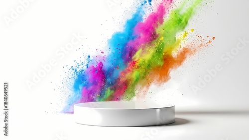Vibrant Holi Color Powder Explosion Background with White Pedestal for Product Display