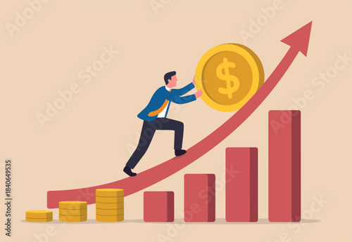 Compound interest exponential growth, investing earning profit, wealth management or savings, pension, businessman push money coin up exponential graph
