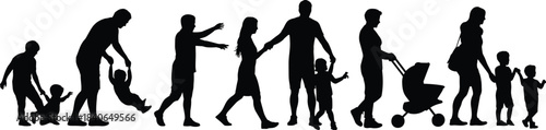 Family Parenting and Fatherhood Silhouettes Set, Parents with Kids, Holding Hands, Strolling, Toddlers Walking, and Love Vector Symbols for Relationship and Child Development Concepts.