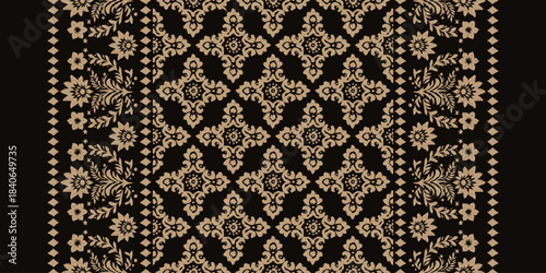 African-boho paisley and floral Ikat motifs, ethnic Indian patterns and embroidered Aztec-inspired borders. Ikat floral elements and intricate ethnic embroidery for decorative textiles.