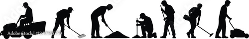 Groundskeepers and Landscaping Workers Silhouettes Set, Mowing Grass, Raking Leaves, Digging Soil, Carrying Equipment, and Yard Maintenance Vector Symbols for Manual Labor Concepts.