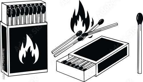 Line art top view match box with open drawer and striking pad with lit match burning and scattered match sticks isolated flat monochrome vector icon