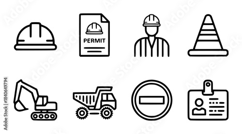 Black and white construction safety and equipment set helmet permit