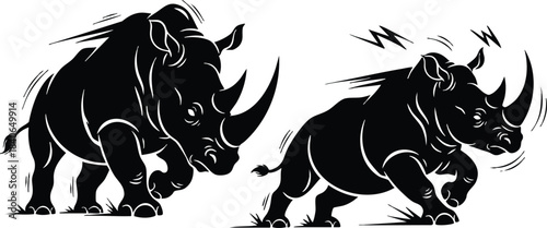 Silhouette vector side view two charging rhinoceros pair with motion lines bold black ink style aggressive stance running right low angle heavy outlines muscular body momentum