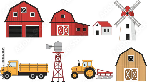 Farm buildings and machinery illustration set with barns, windmill, water tower, tractor, truck, rural agriculture elements, countryside structures vector collection