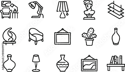 Interior Design and Home Decor Line Icons Set, Furniture, Lamps, Art, Sculpture, and Vases Vector Symbols for Modern Room Decoration, Living Space, and Artwork Concepts.