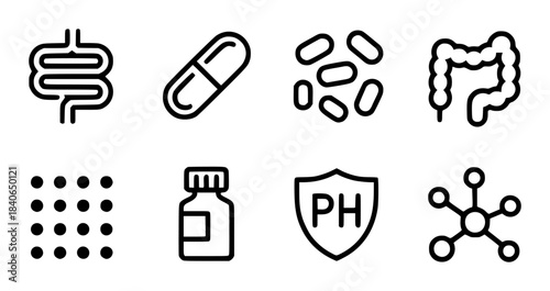 Black and white line set representing medical and pharmaceutical concepts