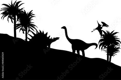 Dinosaurs Silhouettes Folding Papercut black and white