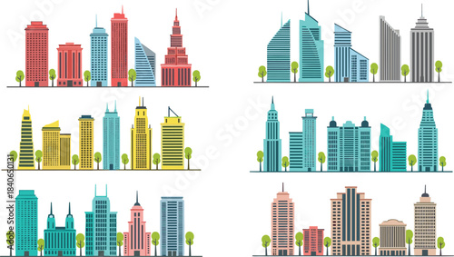City skyline illustration set with modern urban buildings, skyscrapers, downtown architecture, colorful cityscape silhouettes, metropolitan business district vector design