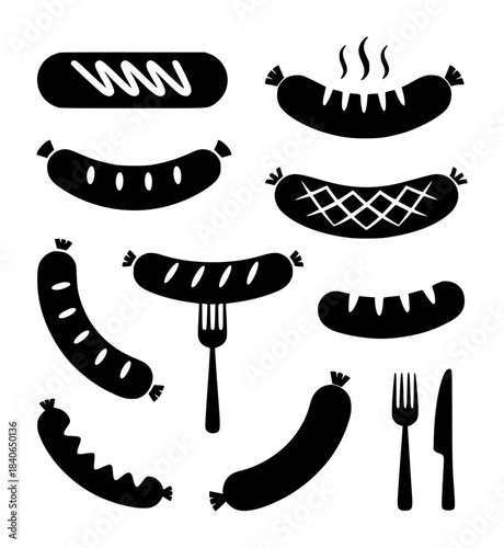 Black and white sausage and hotdog with various styles and utensils food