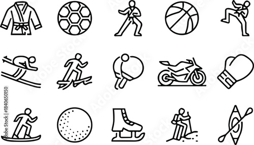 Sports and Physical Activity Line Icons Set, Exercise, Leisure, Martial Arts, Ball Games, Winter Sports, and Racing Vector Symbols for Fitness, Health, and Recreation Concepts.