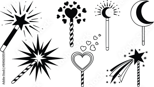 Line art close up assortment of magic wands with star heart and moon heads striped handles shooting star burst sparkles isolated on white background playful whimsical