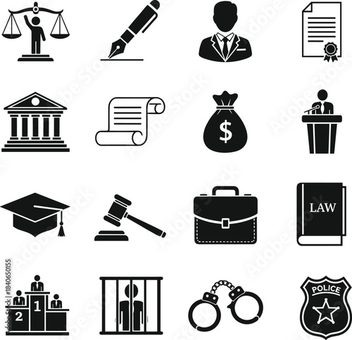 Law and justice icon set, legal symbols collection with courthouse, scales, contract, gavel, police badge, crime and punishment vector illustrations