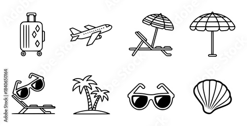 Black and white vacation and travel set with suitcase airplane sunglasses and beach