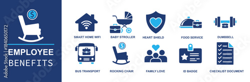 Employee benefits icon set. Containing smart home wifi, baby stroller, heart shield, food service, dumbbell, bus transport, rocking chair, family love, id badge, checklist document and more. Solid vec