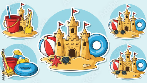 Cartoon sandcastle and beach toys vector set on blue background.