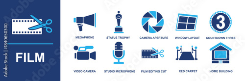 Film icon set. Containing megaphone, statue trophy, camera aperture, window layout, countdown three, video camera, studio microphone, film editing cut, red carpet, home building and more. Solid vector