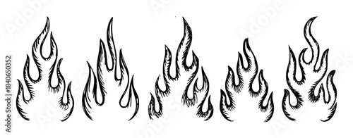Black stylized flame with intricate featherlike detailing in monochrome ink flames