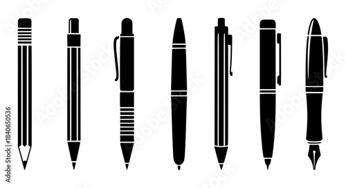 Seven black and white pens and pencils silhouette set on white background writing