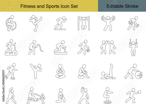 Fitness and Sports Icon Set | Cycling, Kickboxing, Running, Pullup, Weightlifting, Kettlebell, Elliptical, Battlerope, Treadmill, Basketball, Highfive, Rings, Skating, Yoga, Meditation, Stretching, Ro