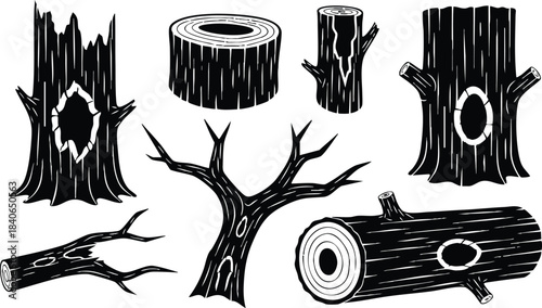 Woodcut style close up set of carved tree trunks stumps logs branches and log cross sections arranged on white background with bold contrast texture rustic illustrative