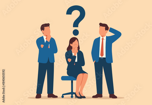 Confused business team finding answer or solution to solve problem, work question or doubt and suspicion in work process concept, businessman and woman team thinking with question mark symbol.
