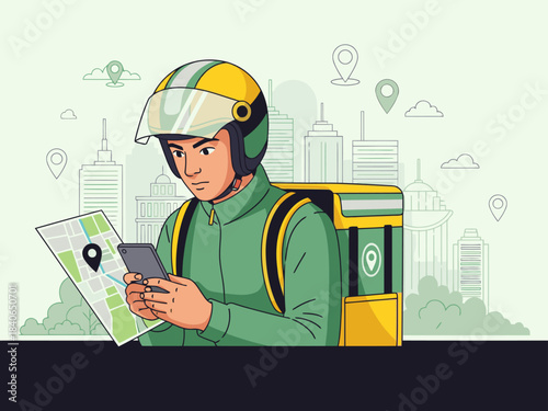 A delivery driver uses a smartphone to navigate a city, showcasing a modern delivery service. Bright colors and a detailed cityscape create a dynamic visual.