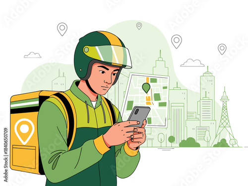 A delivery driver uses a smartphone to navigate a city, showcasing a modern urban lifestyle. Bright colors and a clear composition make this image ideal for commercial use.