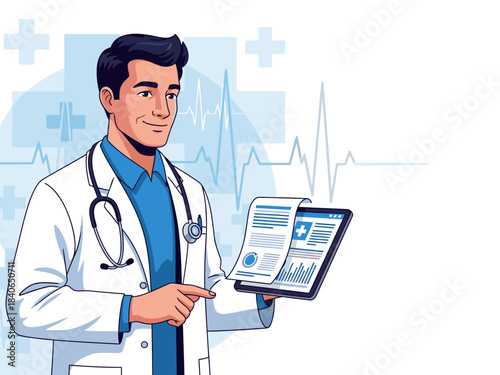 A smiling doctor uses telehealth, reviewing data on a tablet. Modern medical illustration with a clean, professional aesthetic. Ideal for health tech marketing.