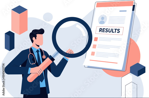 A doctor examines results on a tablet, using a magnifying glass. Modern, professional illustration with a focus on healthcare and data analysis. Clean, bright design.