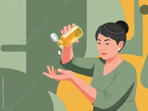 elderly Asian woman carefully pours pills symbolizing wellness and natural remedies  soft muted color palette creates a calming scientific-meets-nature aesthetic