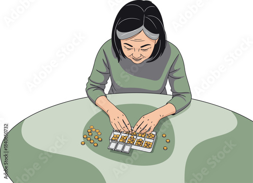 An elderly Asian woman concentrates on sorting pills at a table. The image evokes planning for longevity and wellness. Soft, muted tones create a calming visual.