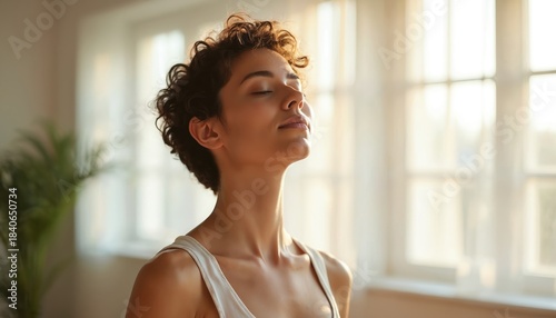 Young woman with short curly hair practices yoga deep breathing exercise in studio. Calm female breathes deeply, eyes shut looking upward towards sunlight. Healthy lifestyle. Free Download Young woman with short curly hair practices yoga deep breathing exercise in studio. Calm female breathes deeply, eyes shut looking upward towards sunlight. Healthy lifestyle. - GFXLoad