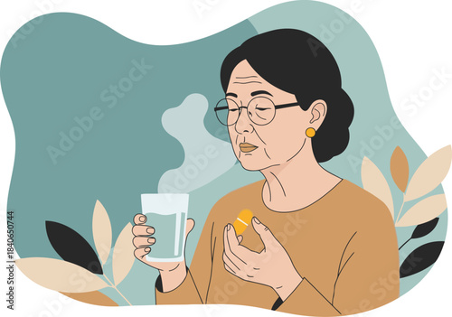 An elderly Asian woman enjoys a moment of peace, holding a glass of water and a supplement. Soft colors and a serene expression evoke tranquility. Ideal for wellness and lifestyle content.
