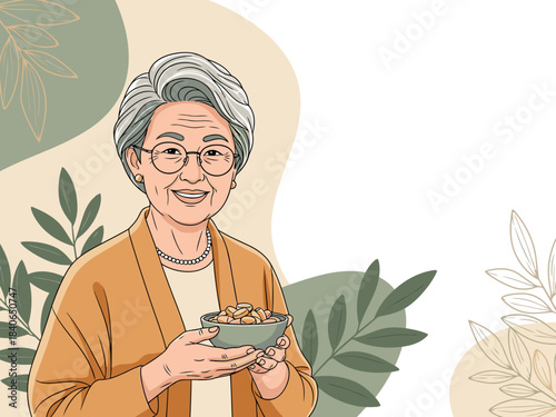 A smiling elderly Asian woman enjoys a nutritious snack, radiating warmth and vitality. Soft colors and a gentle expression create a comforting and healthy image.
