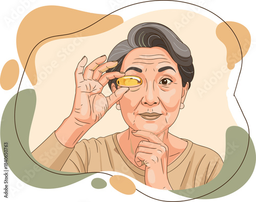 An elderly Asian woman focuses intently on a pill, conveying a message of self-care and prioritizing personal well-being. Soft colors and a thoughtful expression create a calming visual.